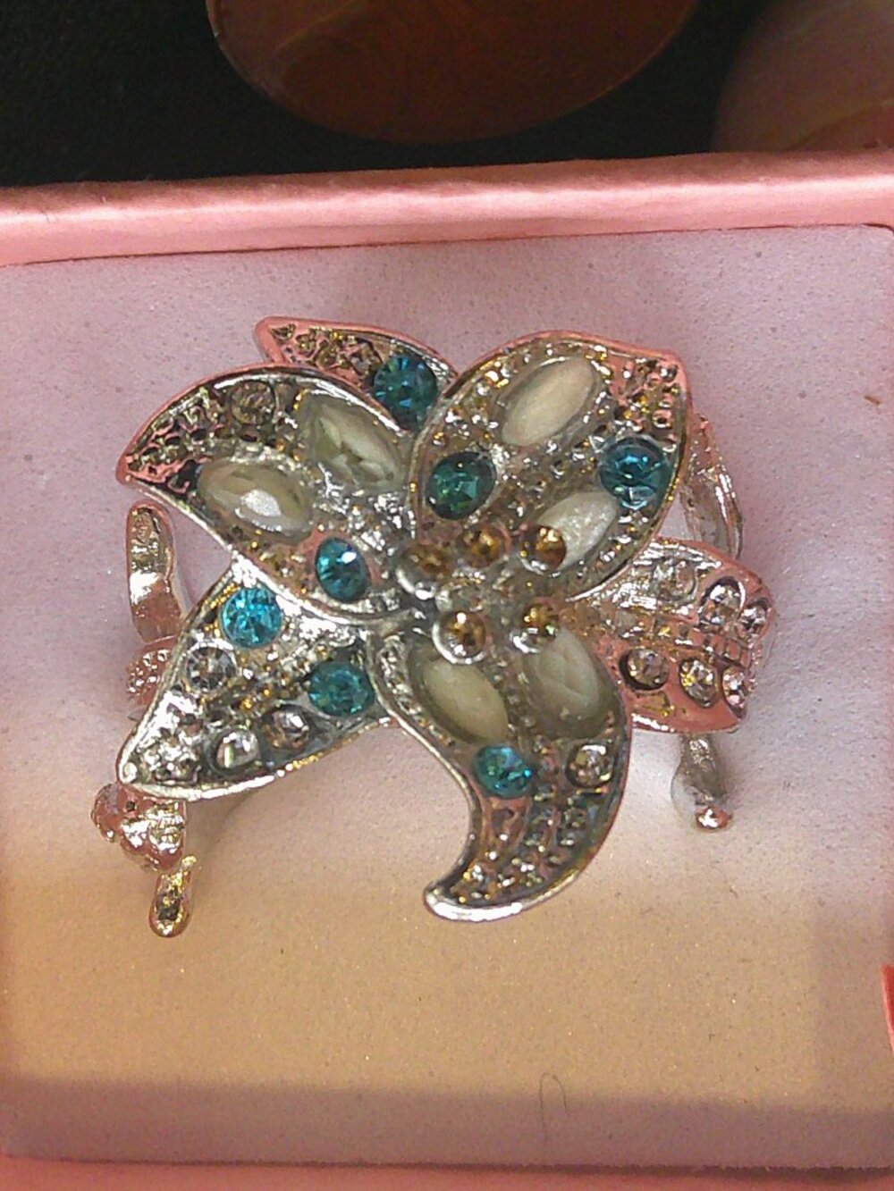 Blue Crystal and Silvertone Fashion Ring